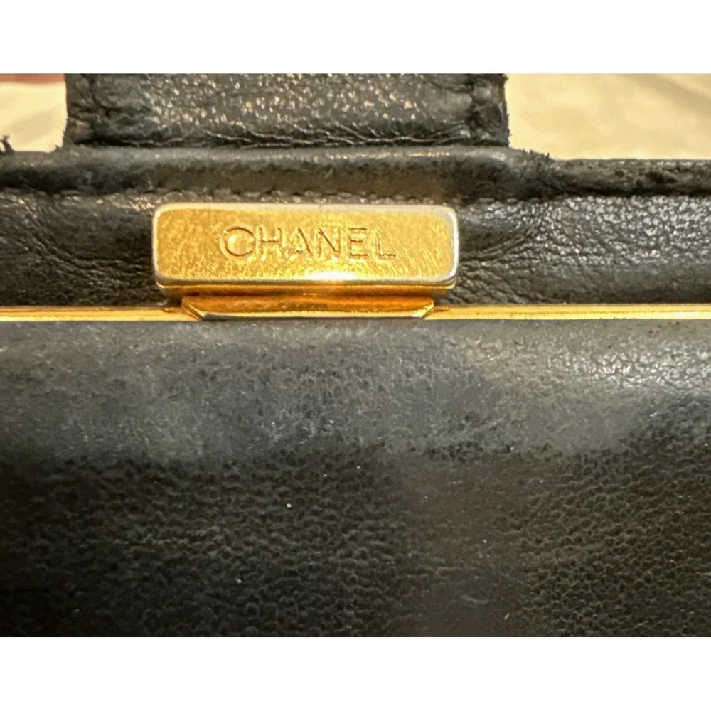 Chanel CC Logo Caviar Leather Bifold Wallet Black Gold Kiss Lock France*AS‎ IS